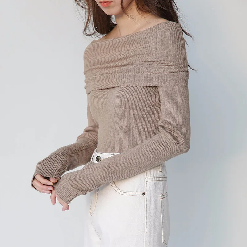 Women Turtleneck Sweater Off Shoulder Knitted Top Slim Ribbed Pullovers | Женская одежда