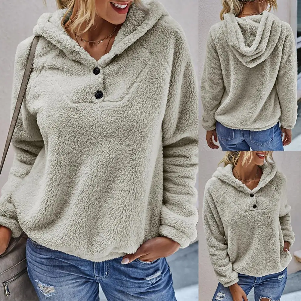 Blouse Casual Solid Color Women Long Sleeve Warm Plush Hooded Sweatshirt Hoodie Blouse images - 6