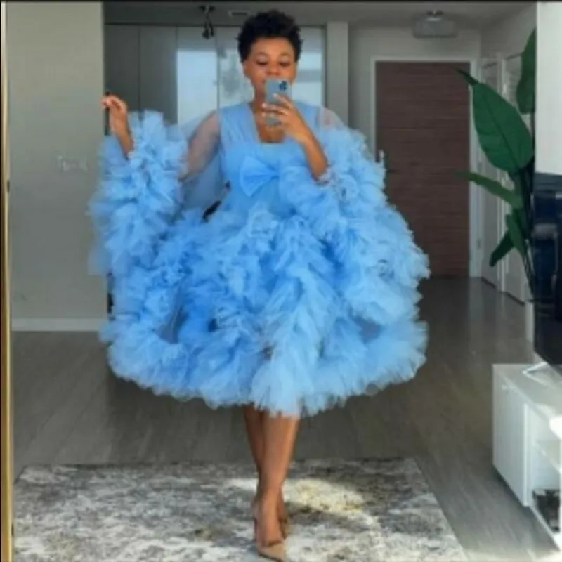 

Extra Puffy Prom Dresses Girl vestido de curto Puffy Sleeves Party Dresses Tulle Blue Tiered Prom Dress Tutu Lush Midi Length