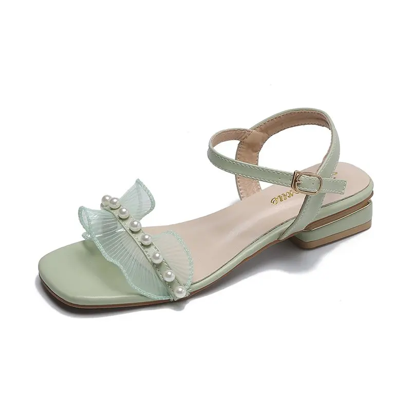 

2021 Hot Pearl Leather Beach Sandals Ladies Shoes Ankle Buckle Mid Heel Casual Party Shoes Bohemia Women Rhinestone Sandals