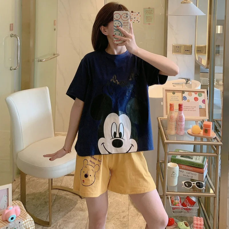 

Disney Mickey Mouse Cute Pajamas Set Summer Ladies Short Blouse and Shorts Sleepwear Winnie the Pooh Pyjamas Girl Nightwears Set