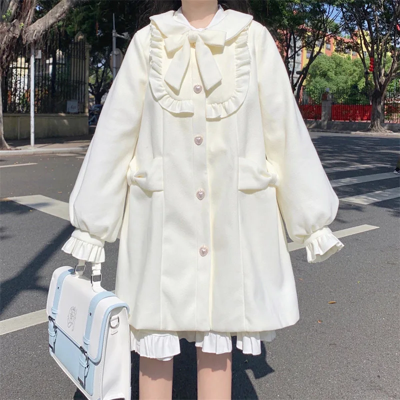 

Kawaii Girl Lolita Woolen Coat Women 2021 Winter Doll Collar Bowknot Lose All-Match Midi Thick Warm Jacket Solid Overcoat Female