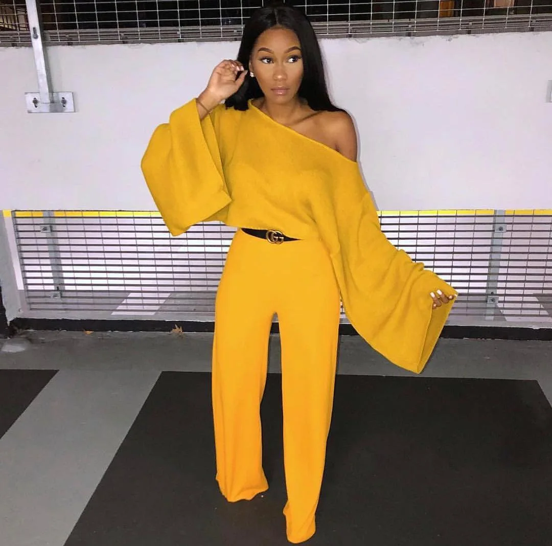 

Chocomist Two-pieces Casual Solid Loose Off-shoulder Women Pant Set A8281