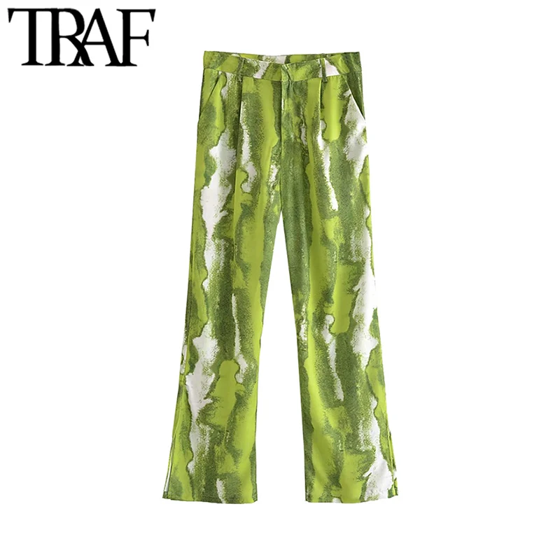 

Брюки TRAF женские с боковыми карманами, Модные Винтажные штаны с принтом на подоле, на молнии, с завышенной талией