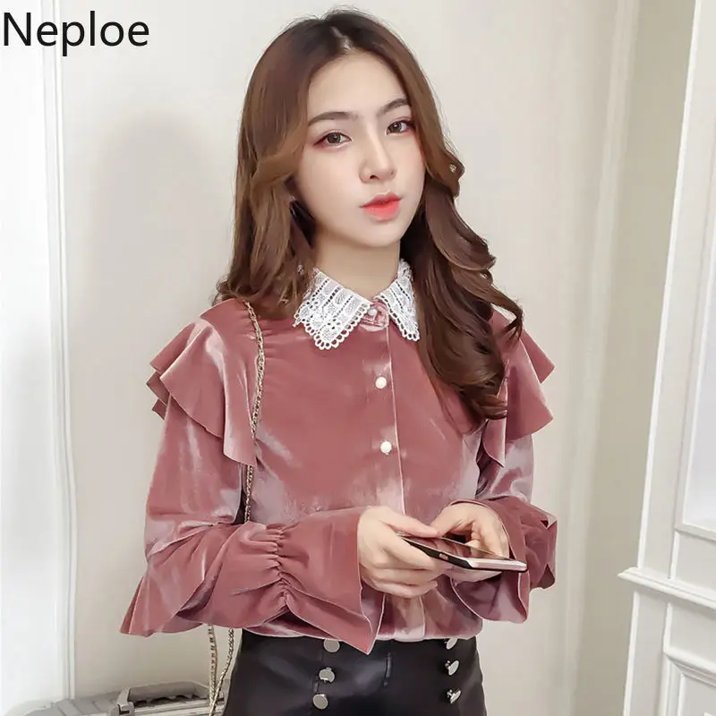 Neploe элегантная плиссированная золотистая Вельветовая Нижняя блузка с отложным