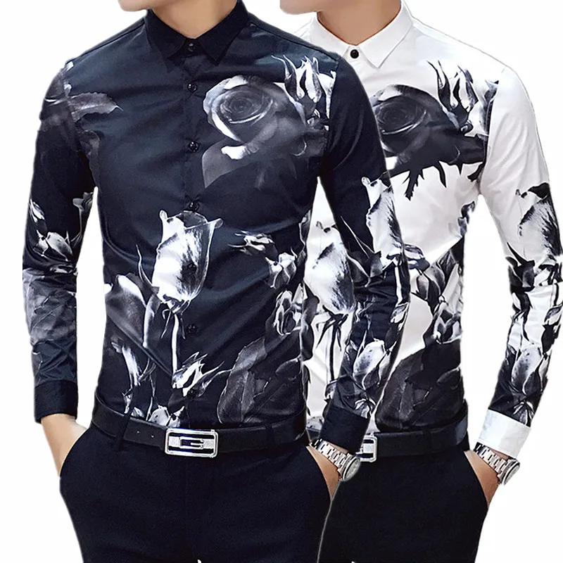 Рубашка мужская с длинным рукавом модная сорочка цветочным принтом Молодежная