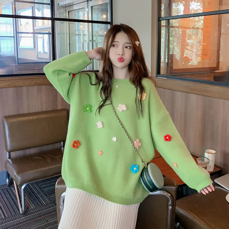 

2021 Autumn Winter Thick Warm Three-dimensional Flower Sweater O Neck Loose Pullover Knit Sweater Pull Femme Y309