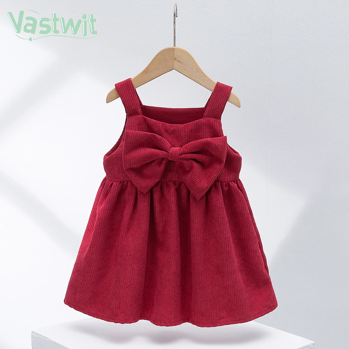 

2-6Y Spring Autumn Children Girls Kid Baby Princess Vintage Corduroy Suspender Dress Solid Bowknot Straps Party Dress For Girls