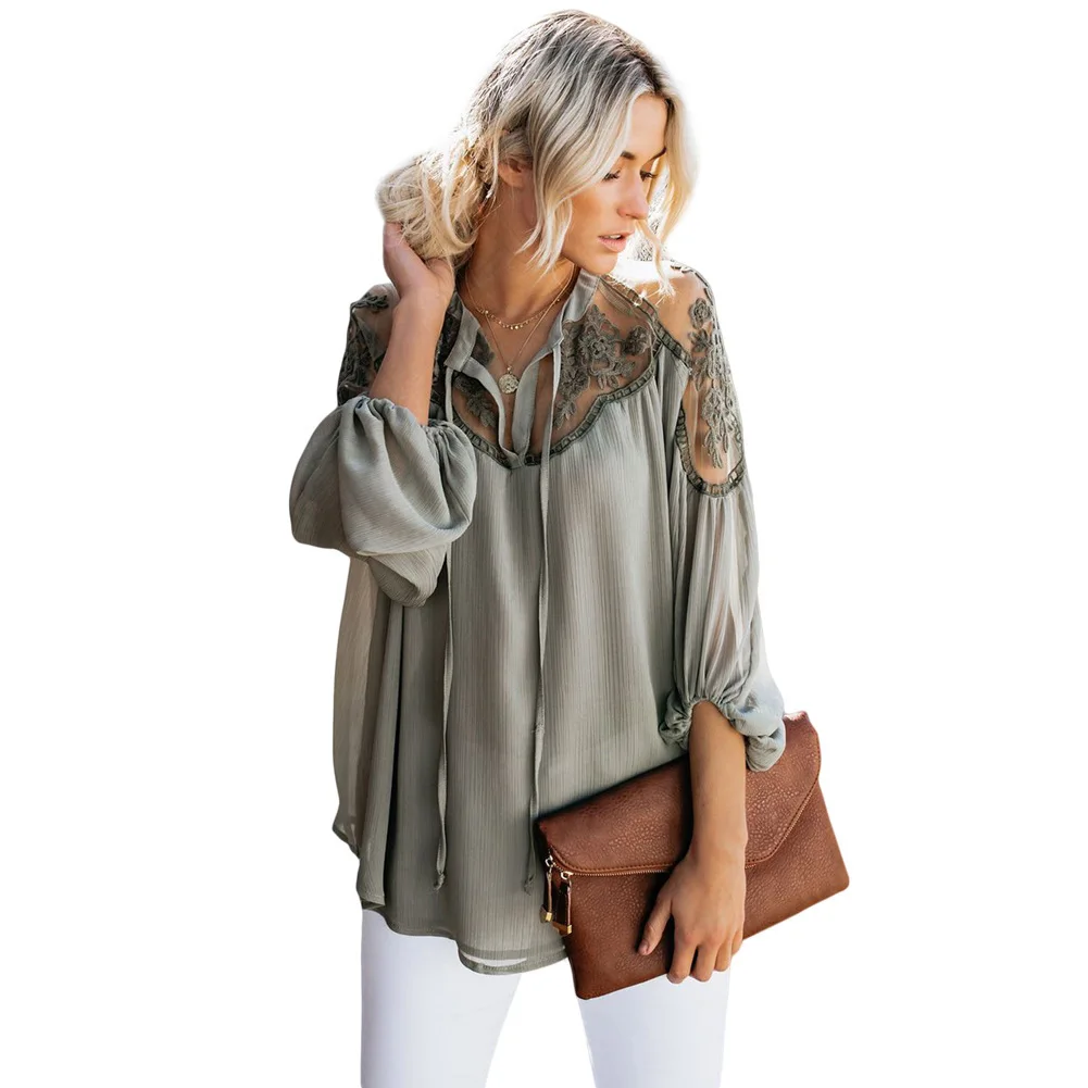 

White Green Black Sexy Long Lantern Sleeve V-neck Lace Shirt Chiffon Shirt In Fall 2019 Women Blouse Streetwear