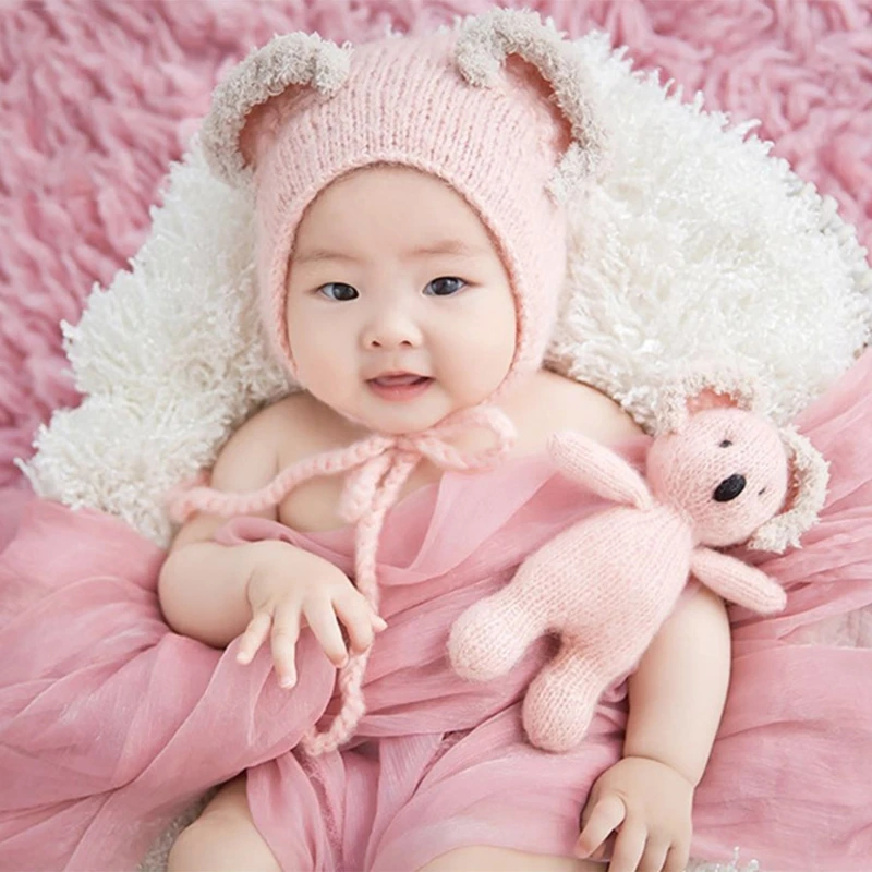 

2 Pcs Newborn Infant Knitted Beanie Hat with Stuffed Animal Koala Doll Toy Set Baby Bonnet Cap Clothes Costume Photography Props