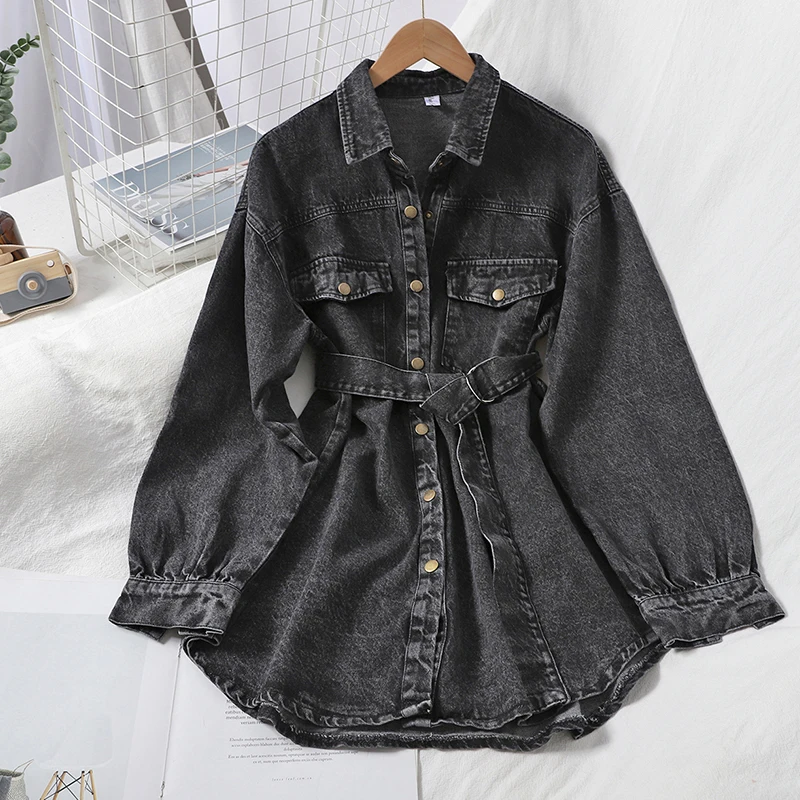 Осенняя темпераментная Универсальная джинсовая рубашка средней длины с поясом