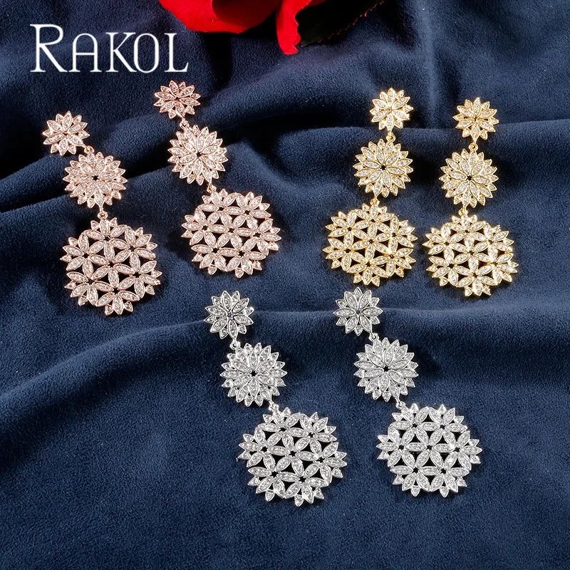 RAKOL элегантные серьги-подвески с цветами из кубического циркония для невесты, розовое золото, романтическое ювелирное изделие с микро покрытием из кристаллов RE12137K