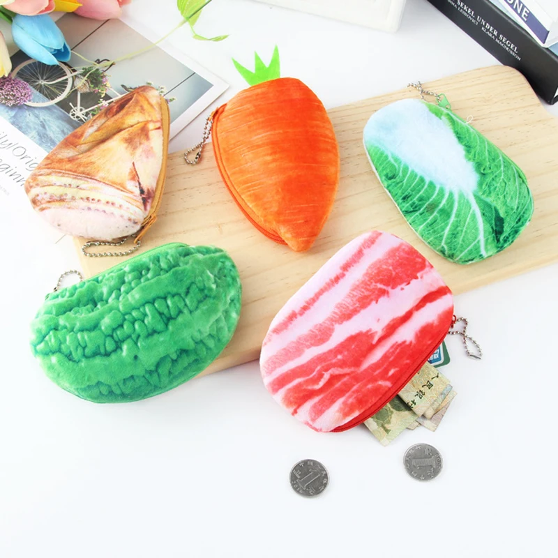 

Small Wallet Women Mini Coin Purse Vegetable Bamboo Shoots Bitter Gourd Carrot Chinese Cabbage Pork Belly Key Headset Bag Cute