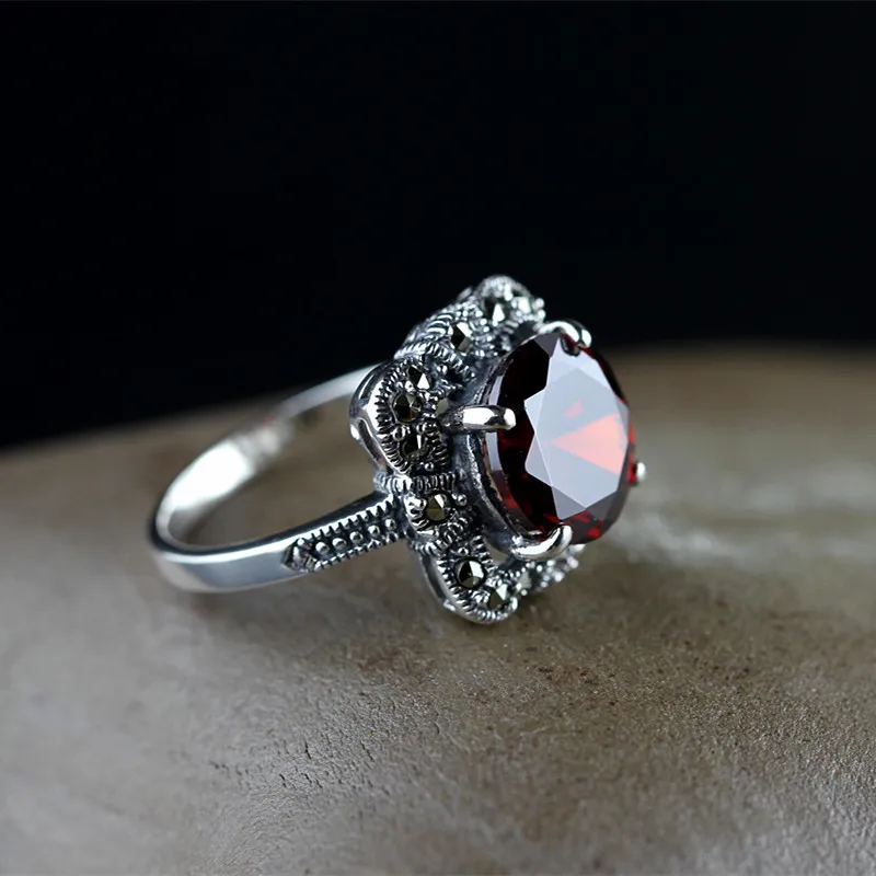 Подлинное Твердое Серебро 925 пробы винтажные Ретро Кольца для женщин гранат