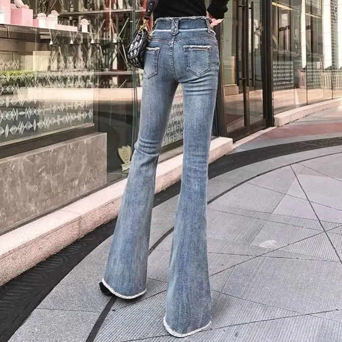 

Woman Jeans Pants Retro Blue Flared High Waist Autumn Leggings