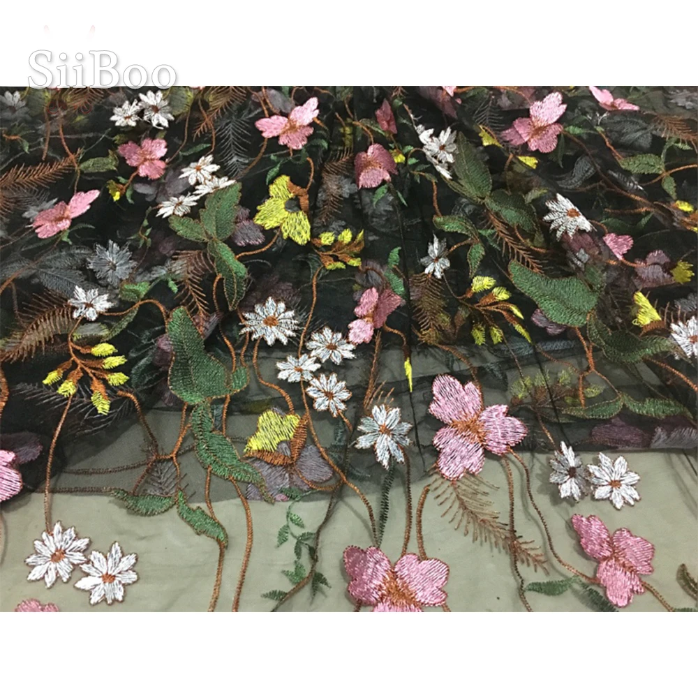 Черная сетчатая кружевная ткань с цветочной вышивкой для свадебного платья tela
