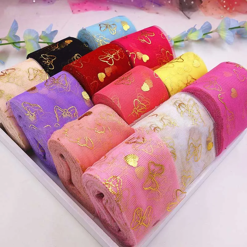 

5yards Bronzing Glitter Bow Printed Organza Stain Ribbon for DIY Craft Gift Bouquet Packaging Sewing Material