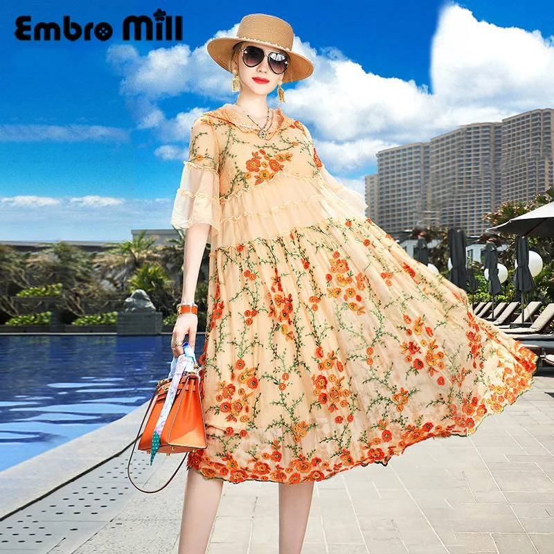 

Новые летние каникулы шелк с капюшоном платье с вышивкой в винтажном китайском стиле с коротким рукавом с высокой талией женское свободное ...