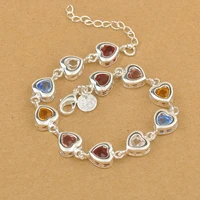 high quality 925 sterling silver multicolor cubic zircon stone love heart charms bracelet for women ladies
