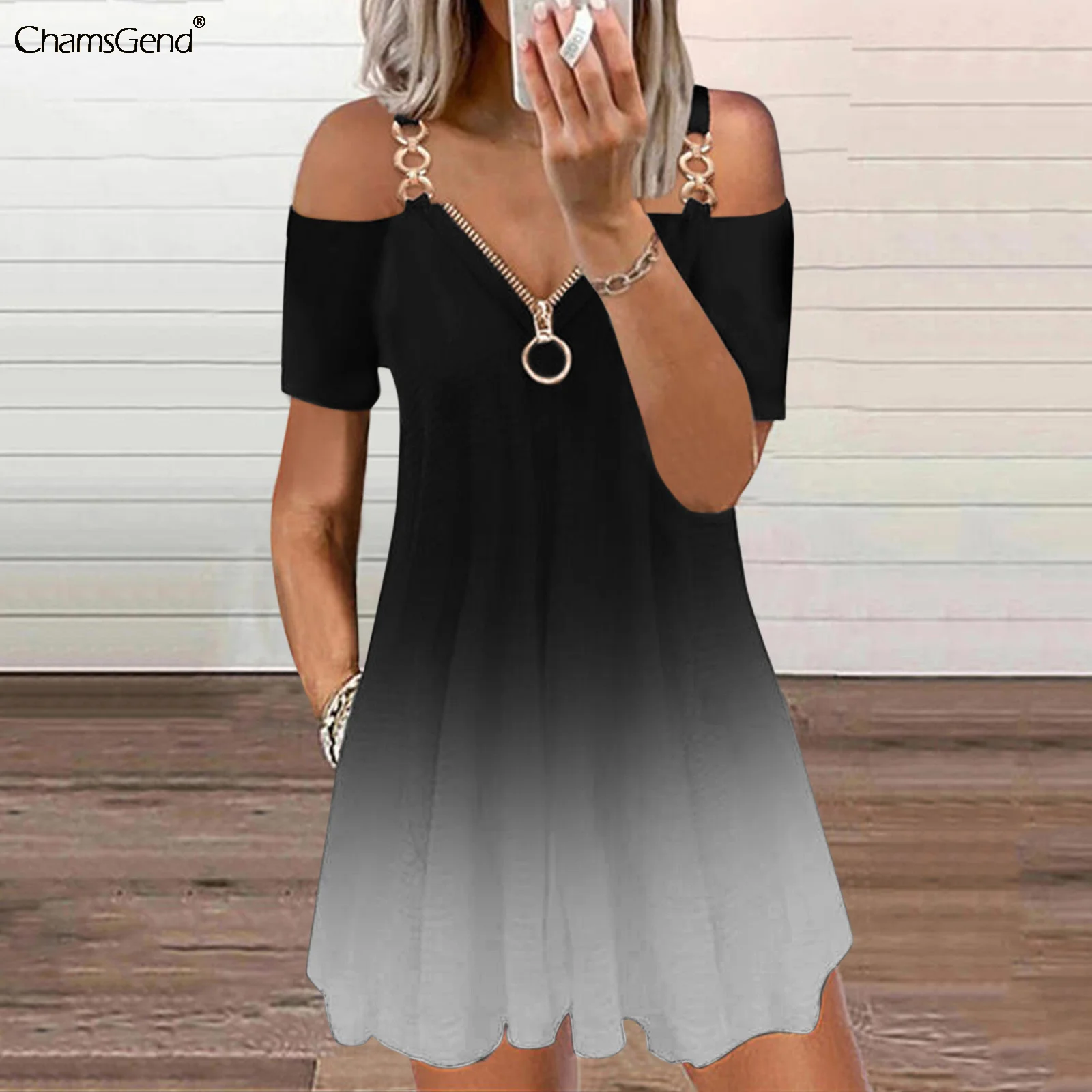 

Gradient Dress Women Summer V Neck Hollow Zipper Dresses Short Sleeve Strap Open Back Loose Elegant Vintage Hollow Out Dresses