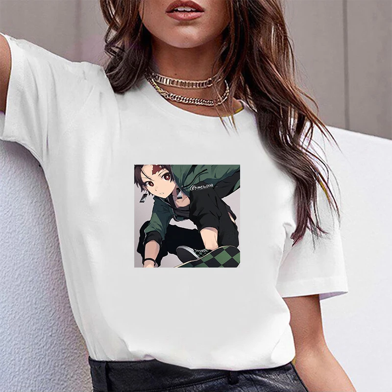 

Ghost Killing Blade T-shirts Short Sleeve Dropshipping Women-clothing Women's Kawai Summer Tops Woman Off White Shirt for 2021