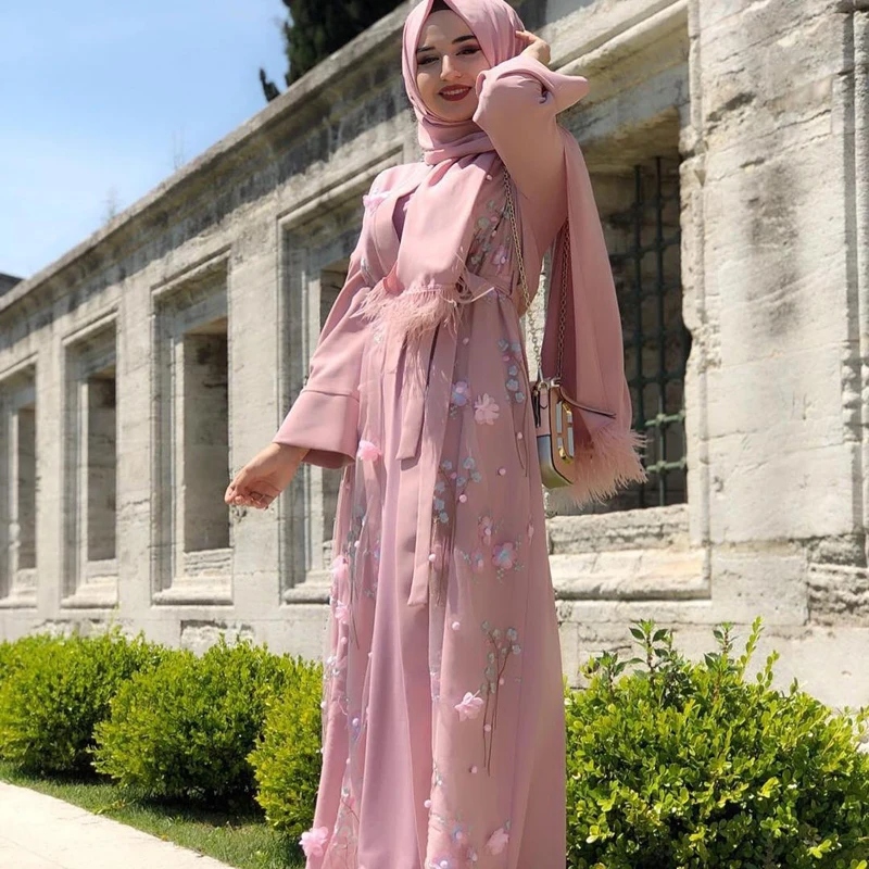 Женское платье абайя тонкое однотонное Макси-кардиган с цветочной вышивкой и