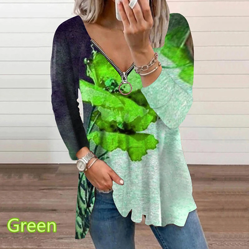 

Woman's T-Shirt 2021 Autumn and Summer New Fashion Zipper V-Neck Printed Long Sleeve Casual Comfortable Soft Thin Top