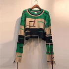 Модный свитер с длинными рукавами в Корейском стиле; Короткий свитер в полоску с рукавами летучая мышь; Свободная повседневная одежда; Топ