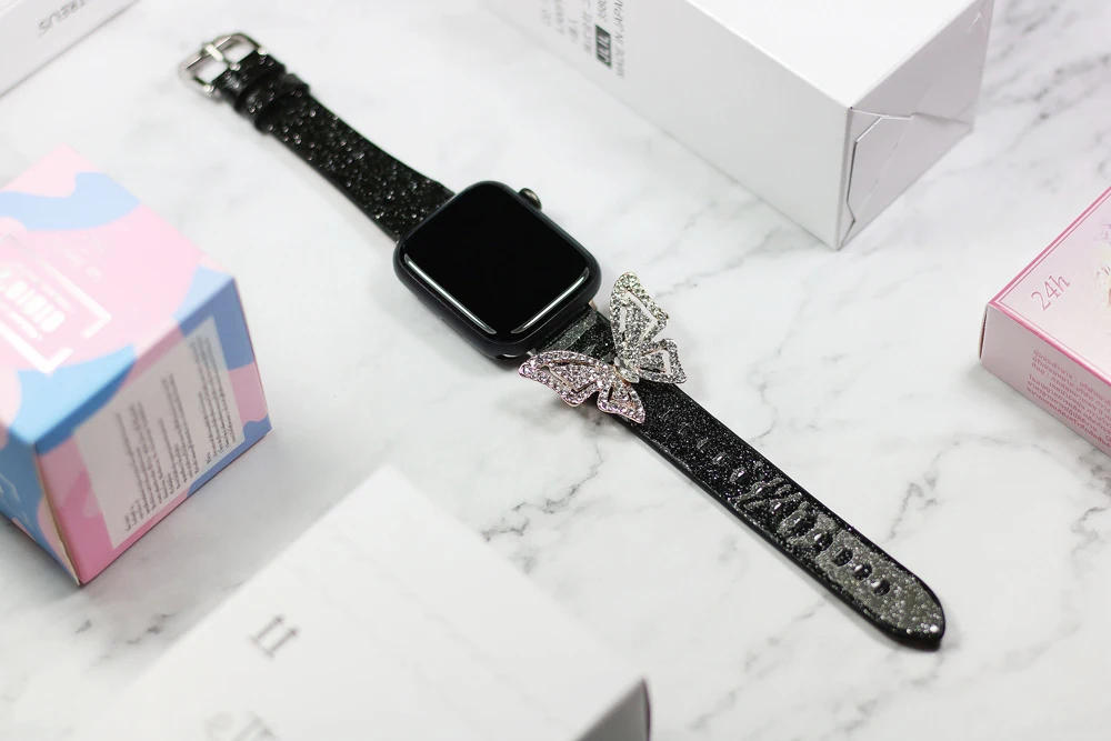 Блестящий Браслет-бабочка для Apple Watch, 38, 40, 42, 44 мм, серия 1, 2, 3, 4, 5, алмазный браслет iWatch, блестящий кожаный ремень