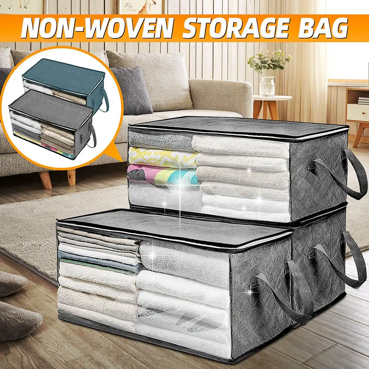 

Large Capacity Folding Under Bed Quilt Blanket Home Clothes Storage Bag Durable Dustproof Zipper Closure Organizer With Handle