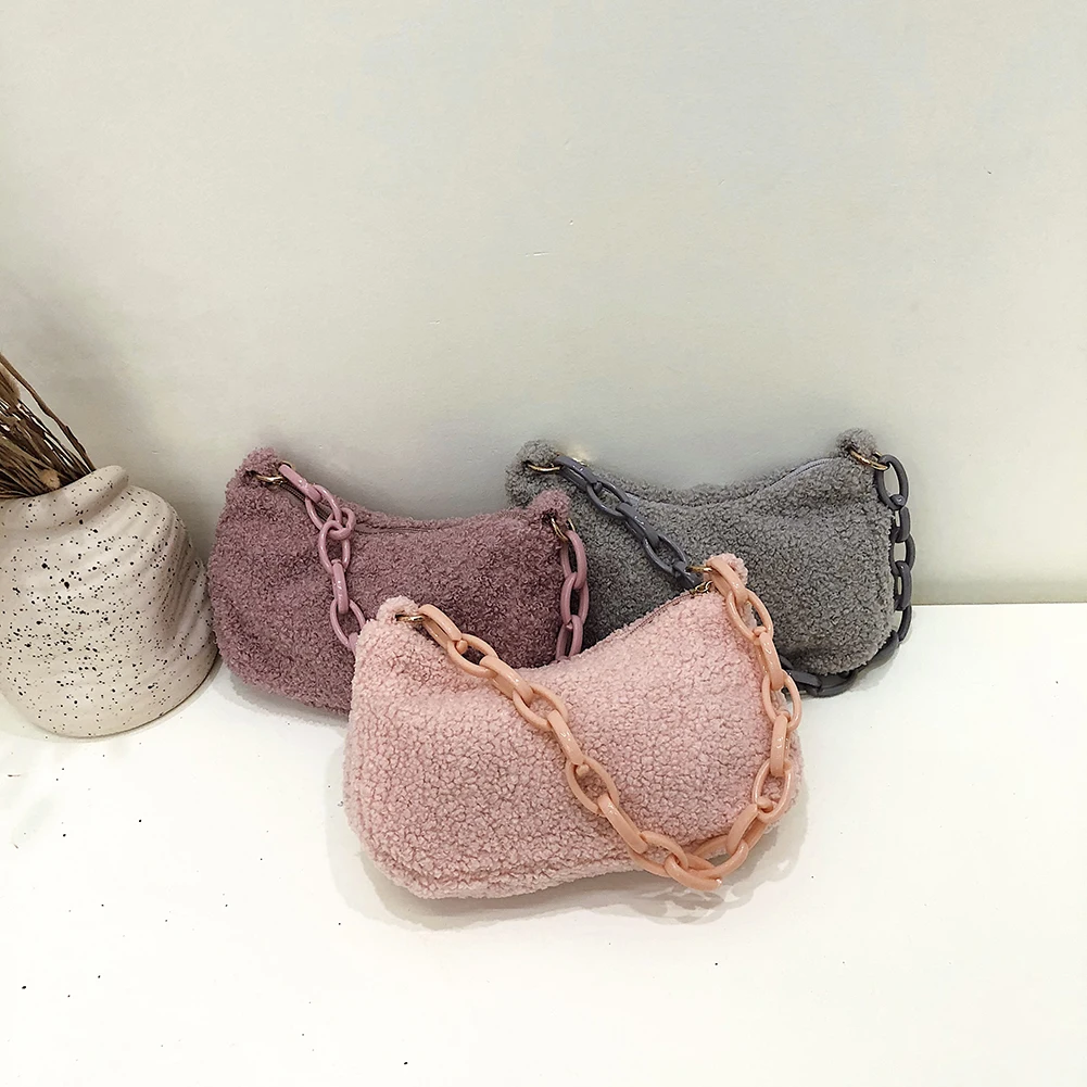 

Women Fashion Acrylic Chain Underarm Bags Women Daily Plush Solid Color Shoulder Underarm Bag Ladies Casual Small Purse Handbags