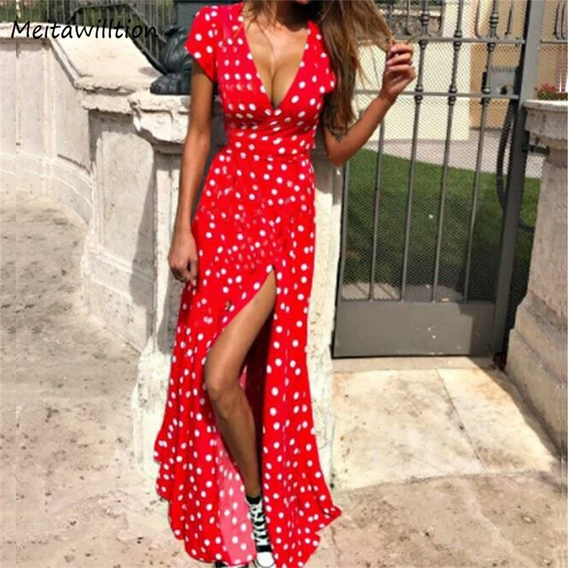 

Summer Women Boho Dress 2021 Sexy V Neck Short Sleeve Beach Sundress Casual Dot Print Long Dress Vintage Party Dresses
