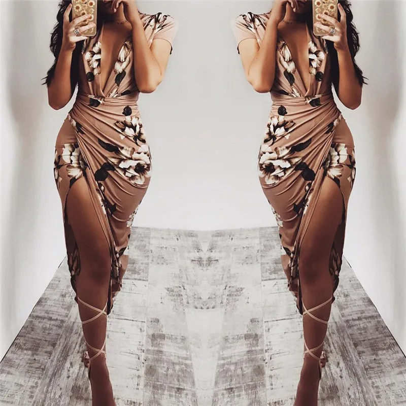 

ZOGAA Printing Floral Evening Party Dress Women Summer Sexy Deep V Chiffon Bandage Dresses Front Split Club Wear Maxi Dress Robe