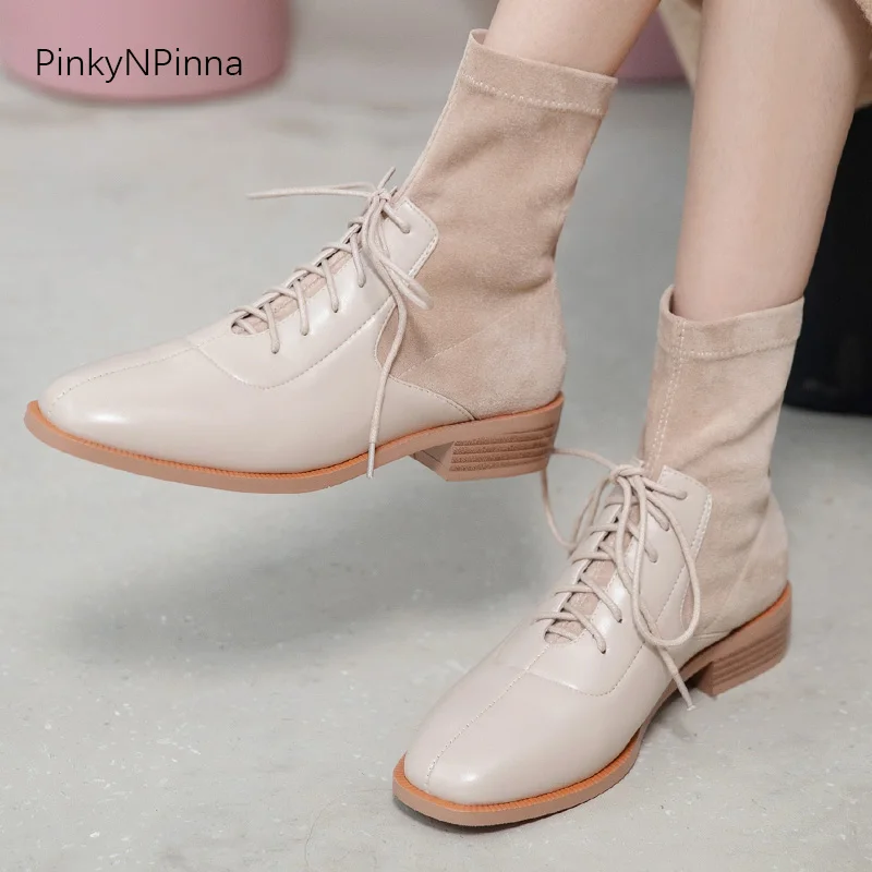 

2020 winter fall soft women flock ankle boots low heels laced up plush lining plus size short booties chic lady office commuter