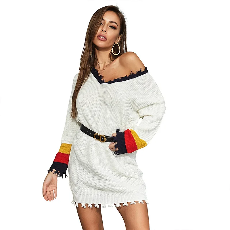 

AliExpress Cross Border Europe and America Long Sleeve Joint Long Pullover off-the-Shoulder Backless Knitted Sweater Female Autu