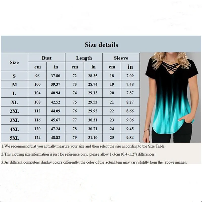 

New Women's Summer Fashion Rose Casual Short Sleeve T-shirt Gradient Color Blouse Loose Plus Size Tops
