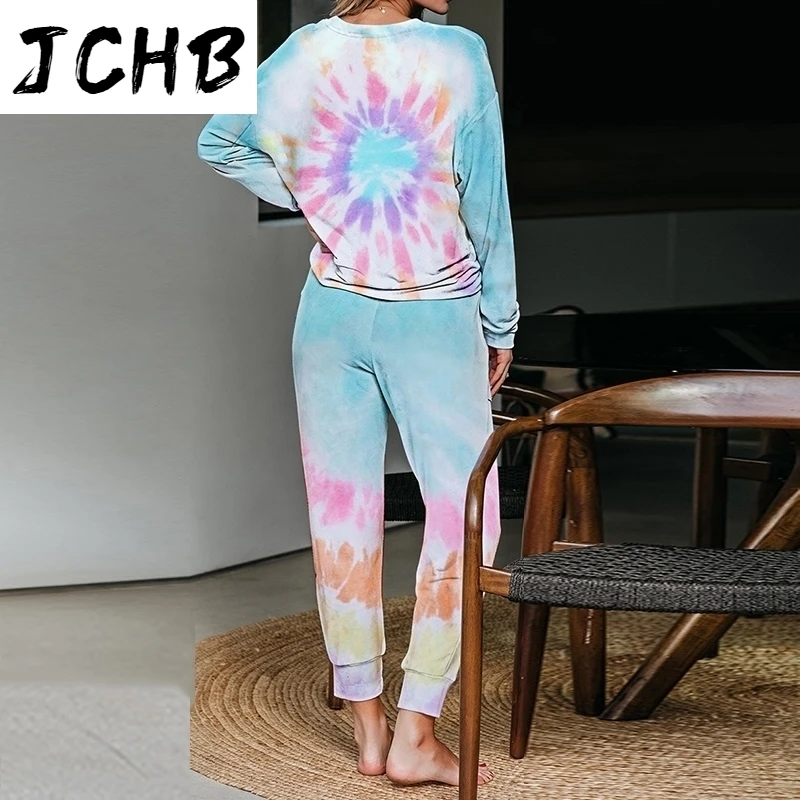 

Pajamas Tie-dye Two Piece Sets Women Autumn O Neck Long Sleeve Loose Tops+Elastic Lace Up Pocket Trousers Tracksuit Suits Ladies