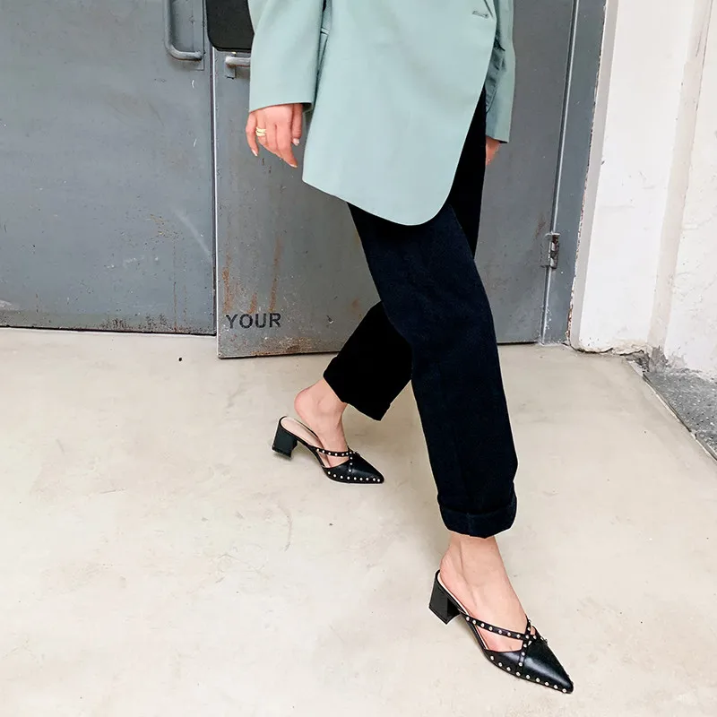 

FEDONAS Sexy Concise Metal Rivets Women Mules Heels 2021 Summer Autumn Thick Heels Women Sandals New Working Casual Shoes Woman
