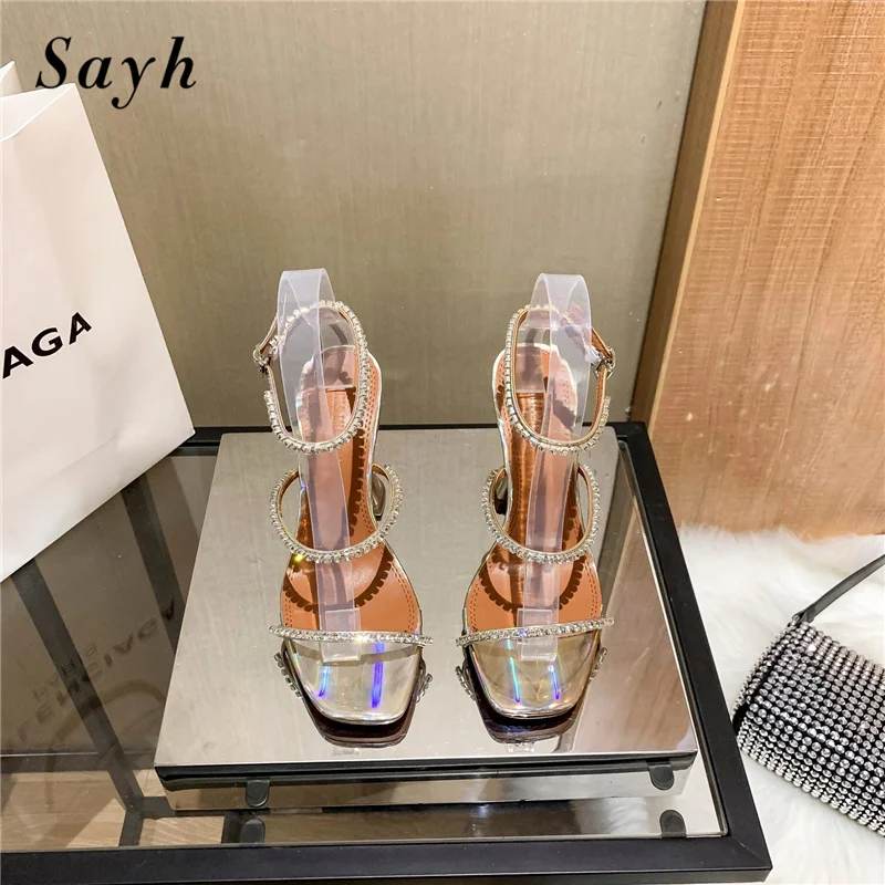 

Luxury Brand Women Summer Sandals Open Toe Shiny Crystal Shoes High Heels Pumps Shoes Party Dress Shoes