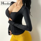 Пикантная женская рубашка для йоги с глубоким вырезом и длинным рукавом, на молнии, со съемными нагрудными вкладышами, спортивная одежда, быстросохнущие топы для бега и фитнеса