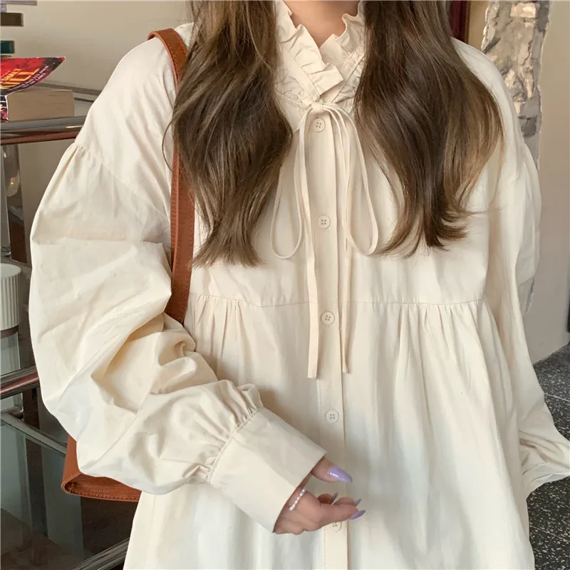 

KUSAHIKI Women Blouse Bow Tie Pleated Stand Neck Causal Puff Long Sleeve Shirt 2021 Spring New Sweet Blusas Mujer De Moda 6E245