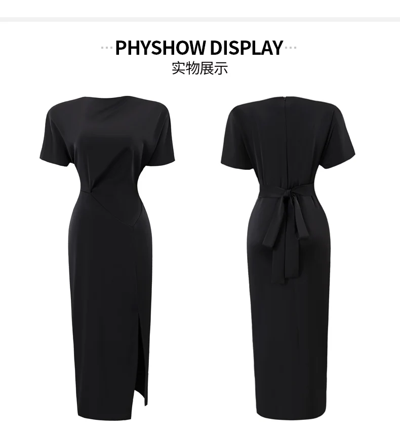 

Black dress Women's Mid-length short sleeve round neck temperament high waist French Fashion 2020 Spring and Autumn new split
