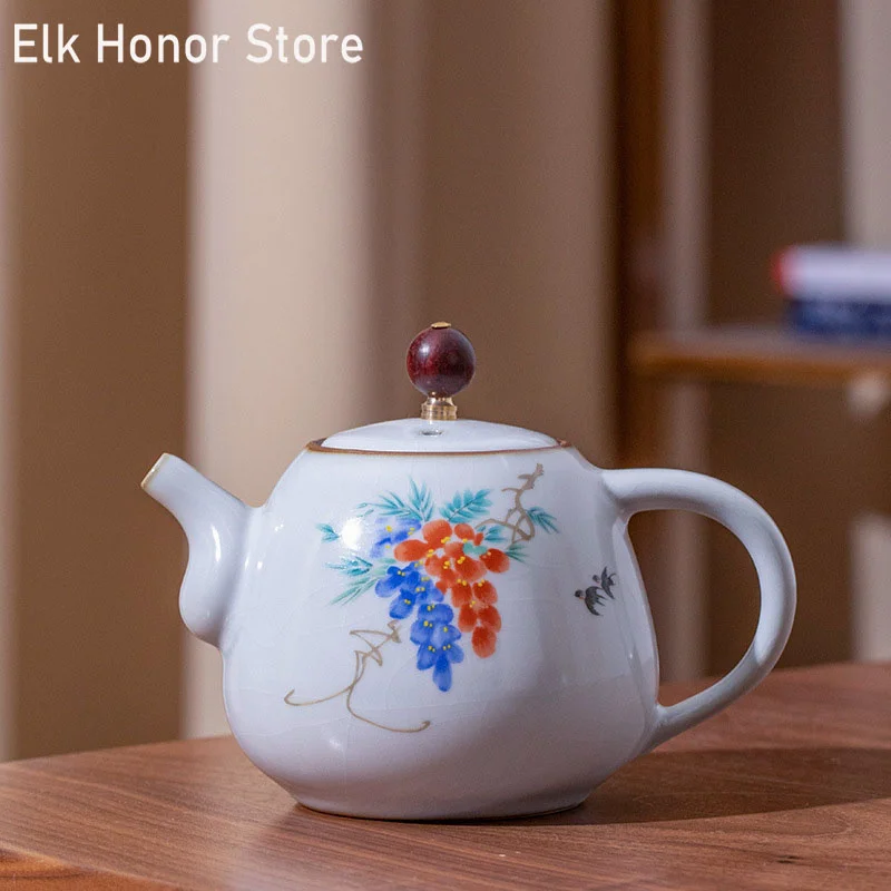 

250ml Ancient Ru Kiln Teapot Hand Painted Flower And Bird Ceramic Teakettle Porcelain Handle Kettle Teaware Household Drinkware