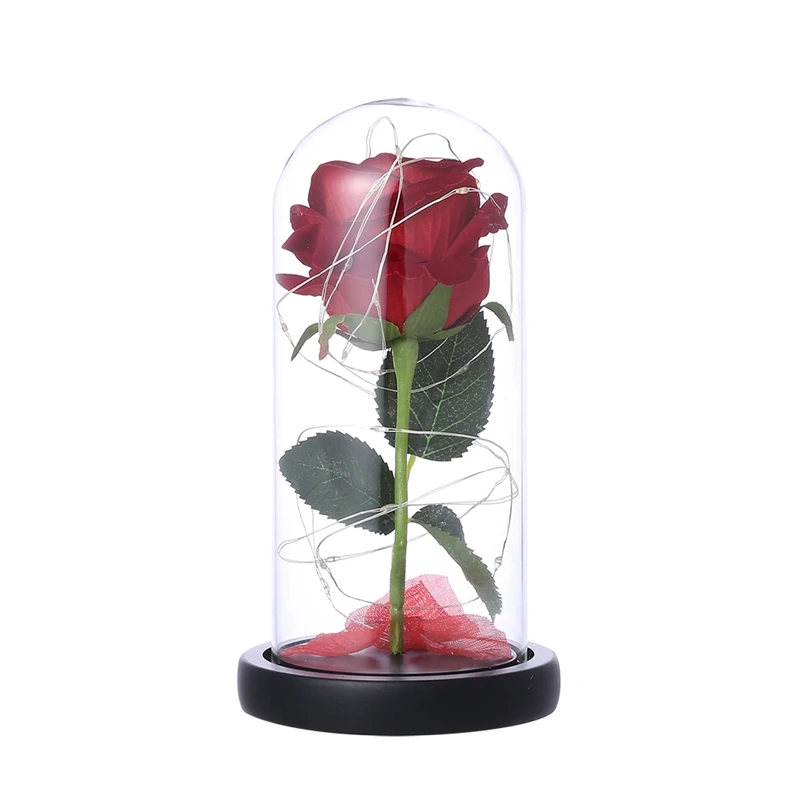 

Enchanted Red Silk Rose with Fallen Petals in Gl e on a Wooden Base Best Gift for Home/Office or Home Decorations