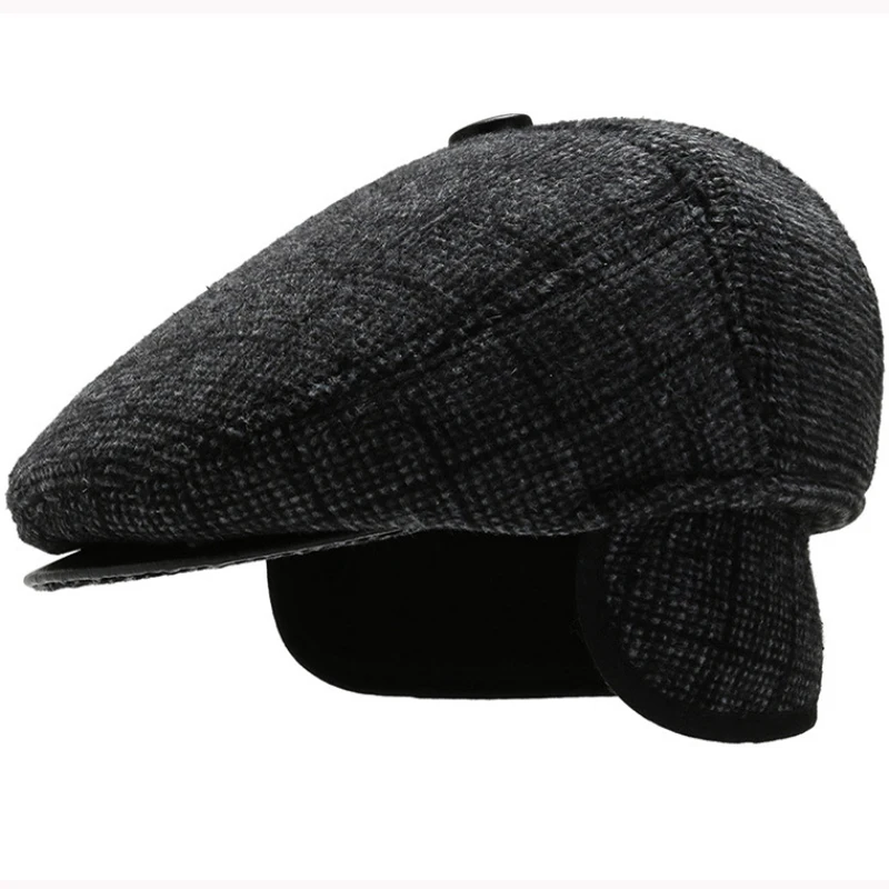 

HT3253 Berets Men Ivy Newsboy Flat Cap Male Plaid Earflap Beret Hat Thick Warm Winter Wool Hat Father Grandfather Beret Cap Men