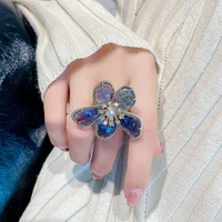 gold plated crystal flower ring exaggerated ladys index finger opening ring suitable for womens wedding jewelry gifts