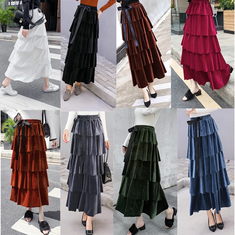 Модные золотистые бархатные юбки сезона осень зима 2019 женская уличная одежда