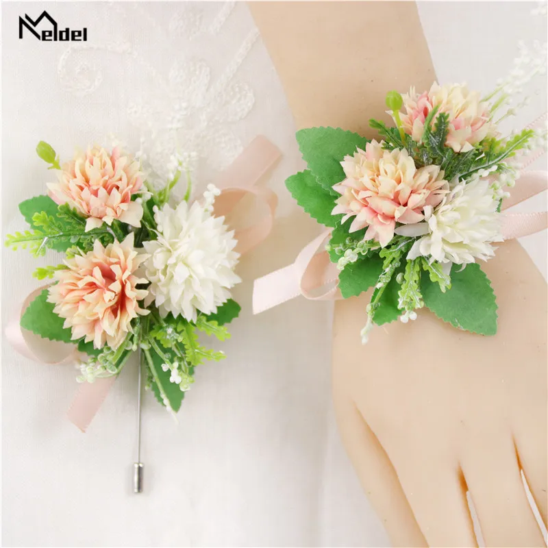 Искусственный Шелковый цветок Meldel бутоньерка для жениха браслеты подружек