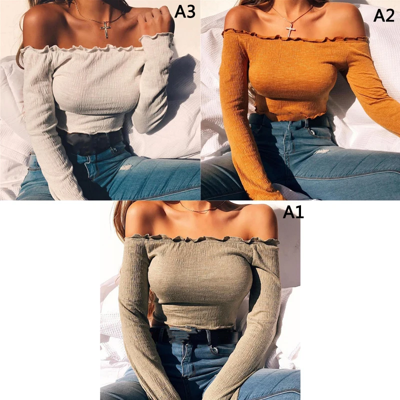 

Autumn Sexy Solid Color Off Shoulder Long Sleeve T Shirt Women Cropped Top Slim Shirt Bodycon Cotton T-shirt Female Tees y2k