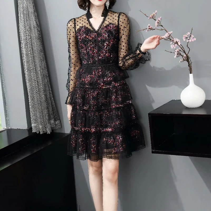 

New Spring Women'S Vintage Chic Sexy Sequined Beading Mesh Layered Dot Print Long Sleeve Fashion Party Casual Dress